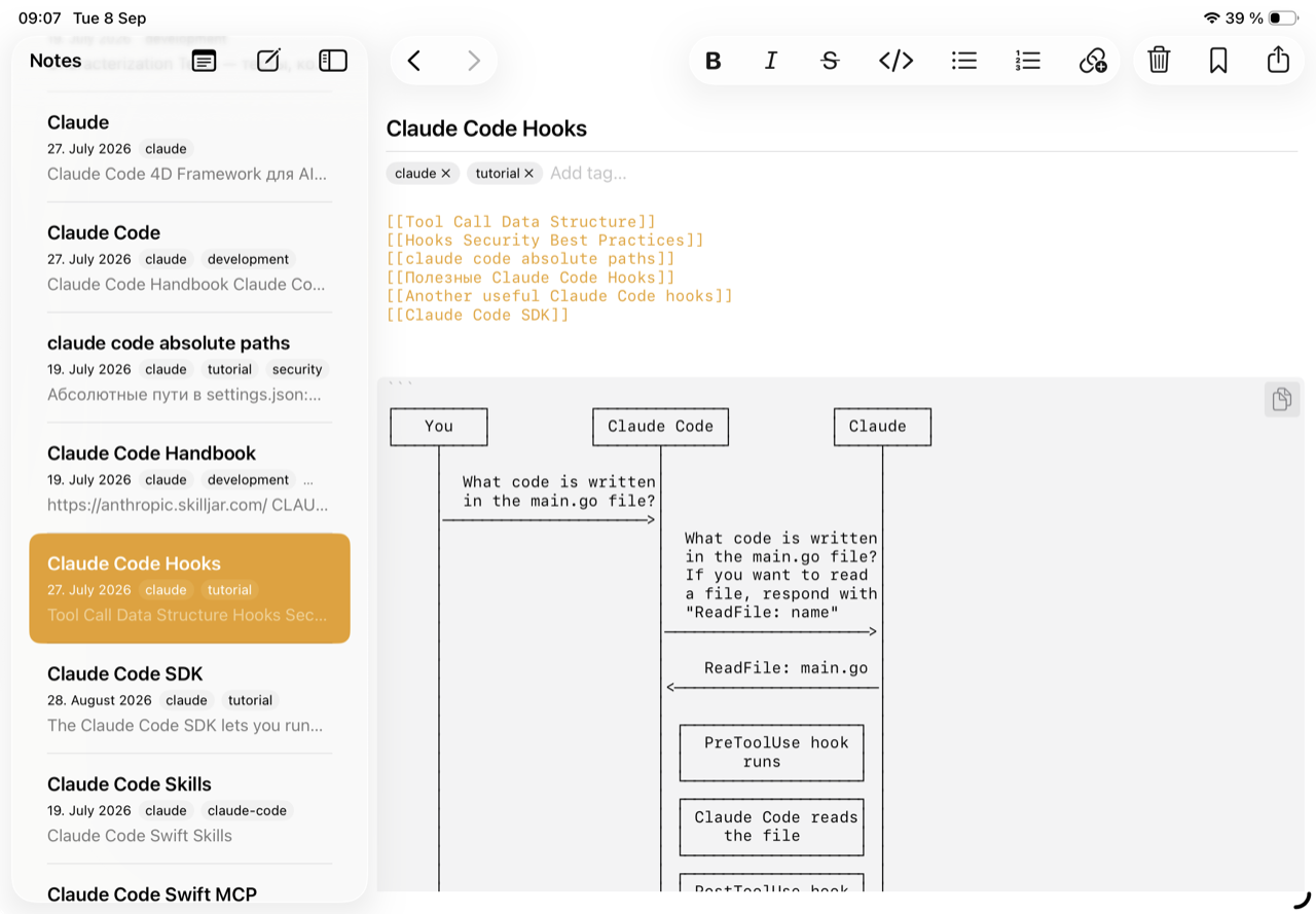 The same note open in MCP Notes on iPad, synced via iCloud