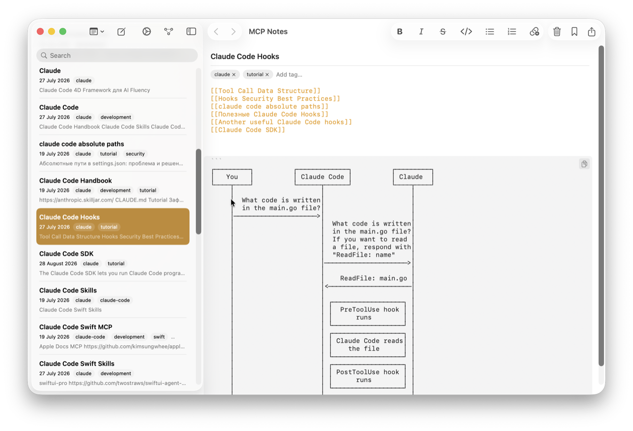 The same note, &ldquo;Claude Code Hooks,&rdquo; open in MCP Notes on Mac