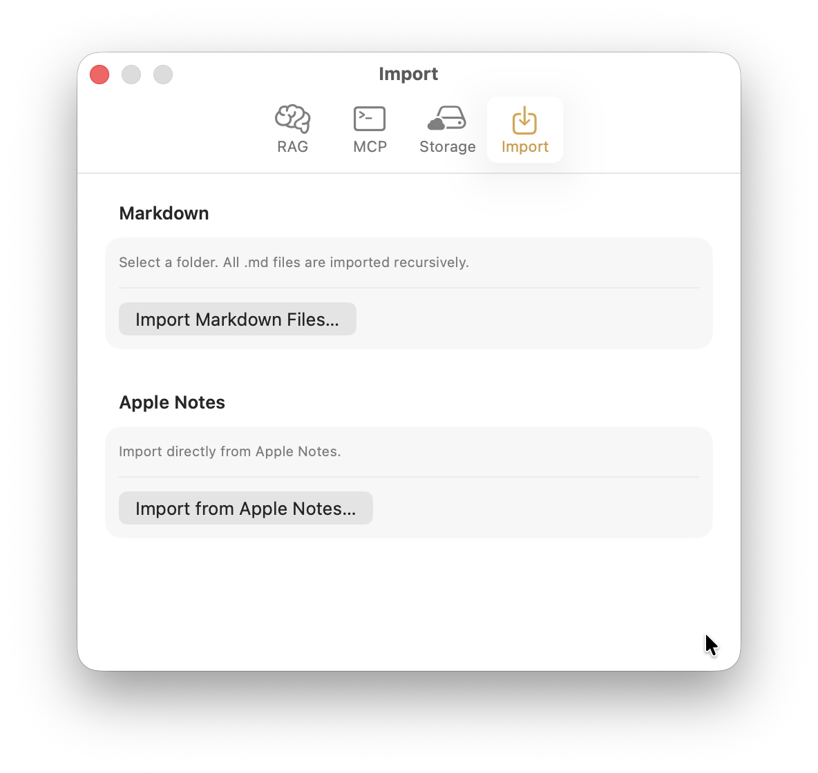 MCP Notes&rsquo; Import settings, with buttons to import a folder of Markdown files or import directly from Apple Notes