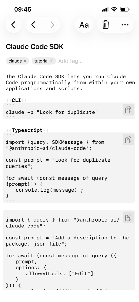 The same note with highlighted code fences in the editor on iPhone
