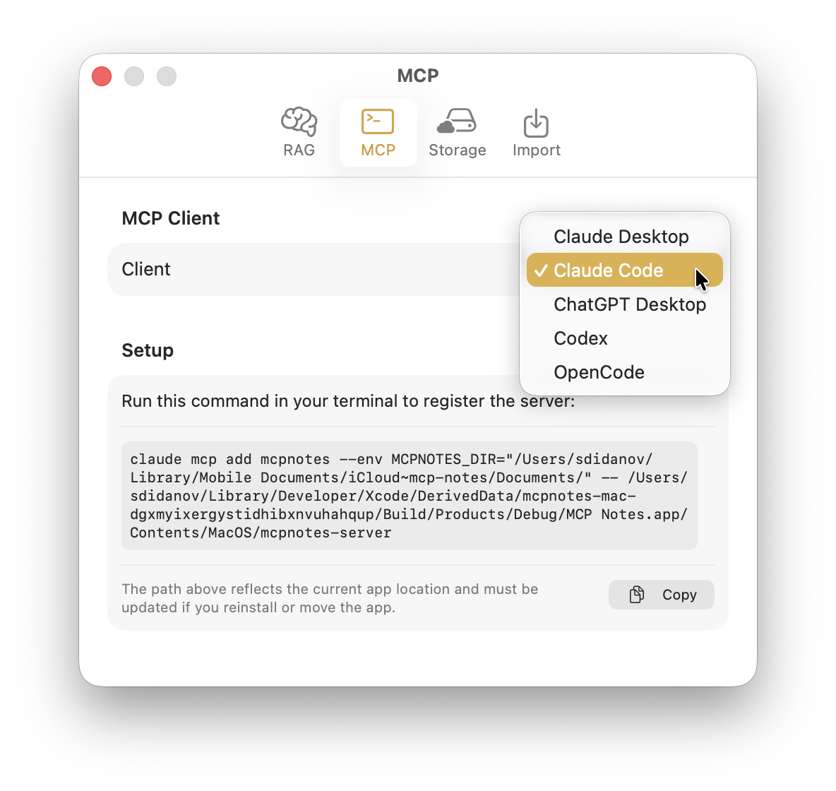 The same MCP tab with Claude Code selected, showing a &ldquo;claude mcp add&rdquo; command to register the server