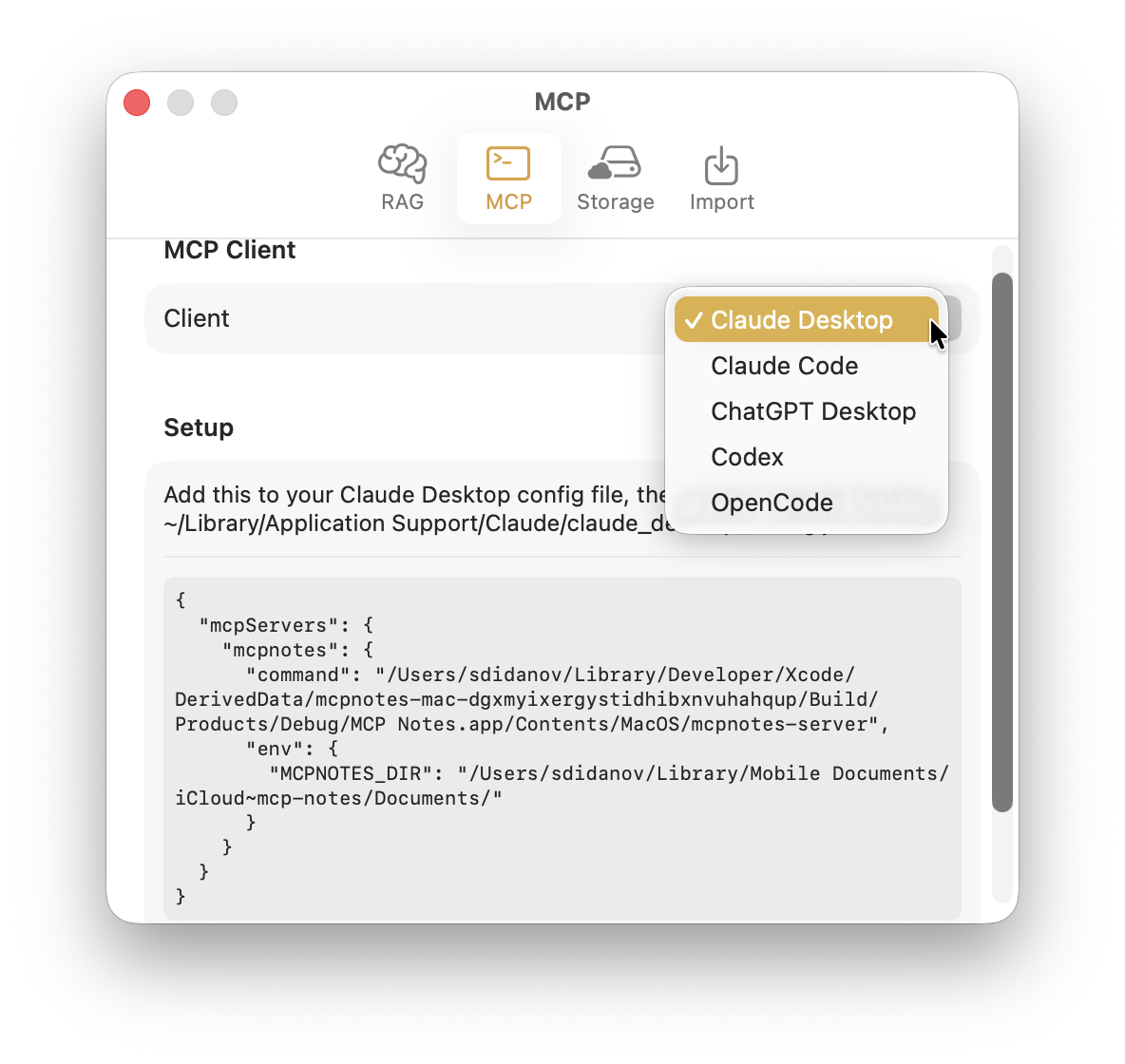 MCP Notes&rsquo; settings showing the MCP tab with Claude Desktop selected and the JSON config to add to claude_desktop_config.json