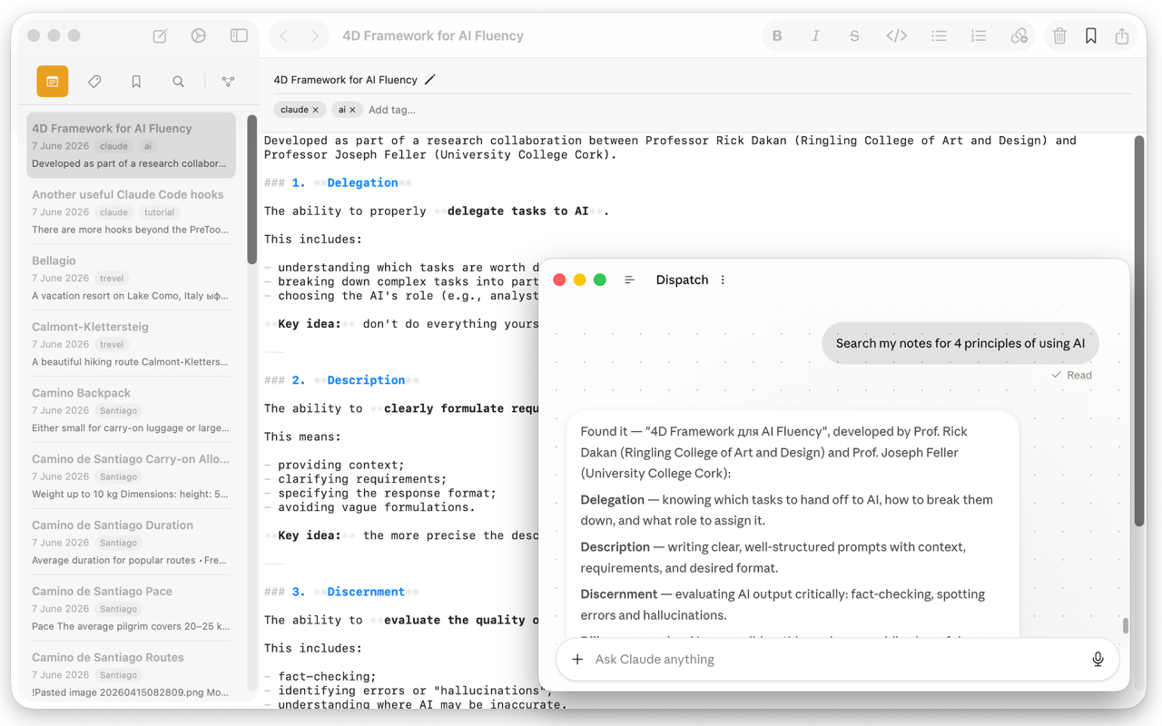 Claude searching notes for &ldquo;4 principles of using AI&rdquo; and finding a note titled &ldquo;4D Framework for AI Fluency&rdquo; even though the wording doesn&rsquo;t match