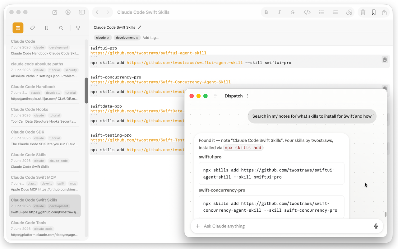 Claude searching notes for what Swift skills to install and getting back the exact commands from a matching note