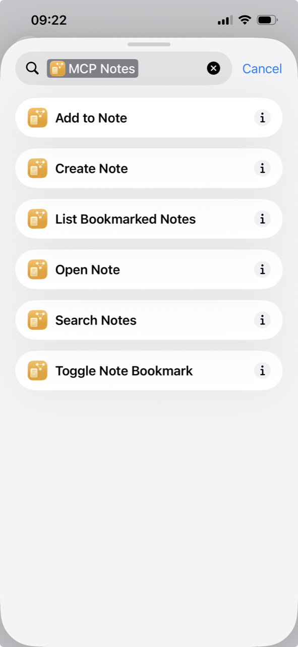 All six MCP Notes actions listed in the iOS Shortcuts app: Add to Note, Create Note, List Bookmarked Notes, Open Note, Search Notes, and Toggle Note Bookmark