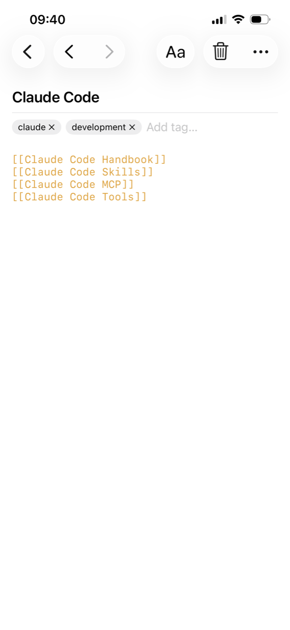 The same wikilink syntax highlighted in the note editor on iPhone